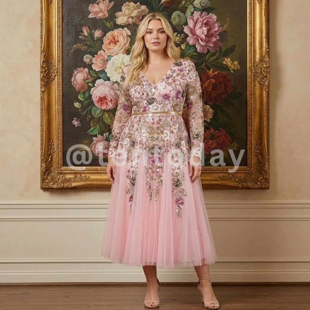 $598 Mac Duggal Size 22 Rose Pink Floral Beaded Sequin Midi Gown Party Dress